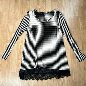 Massini Black and Cream Striped Tunic with Lace Detail | Lace | Stripes
